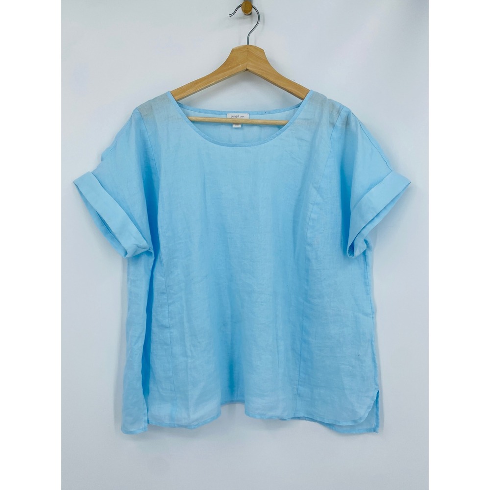 Pure Jill Linen Top Womens M Petite Blue Short Sleeve Scoop Neck